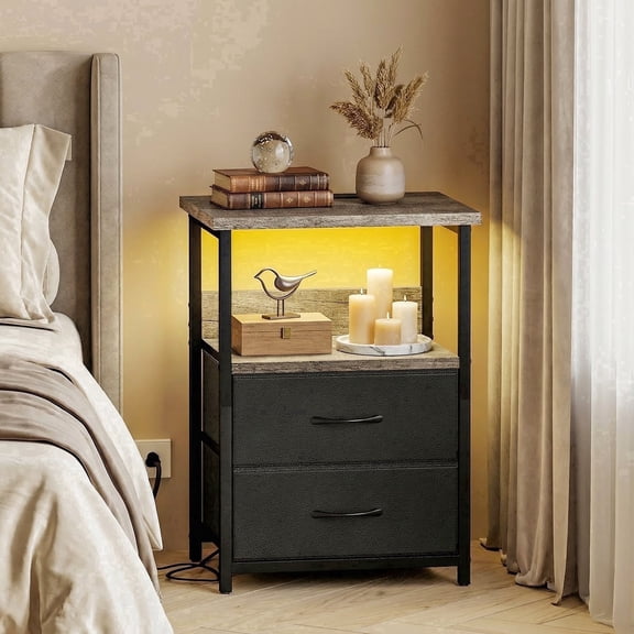 Tomnk LED Nightstand with Charging Station, Bedside Table Night Stand with 2 Fabric Storage Drawers, French Oak
