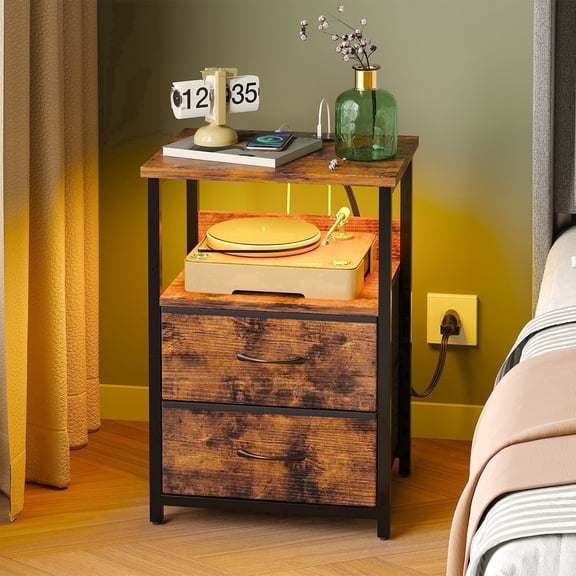 Tomnk LED Nightstand with Charging Station, Bedside Table Night Stand with 2 Fabric Storage Drawers, Rustic Brown
