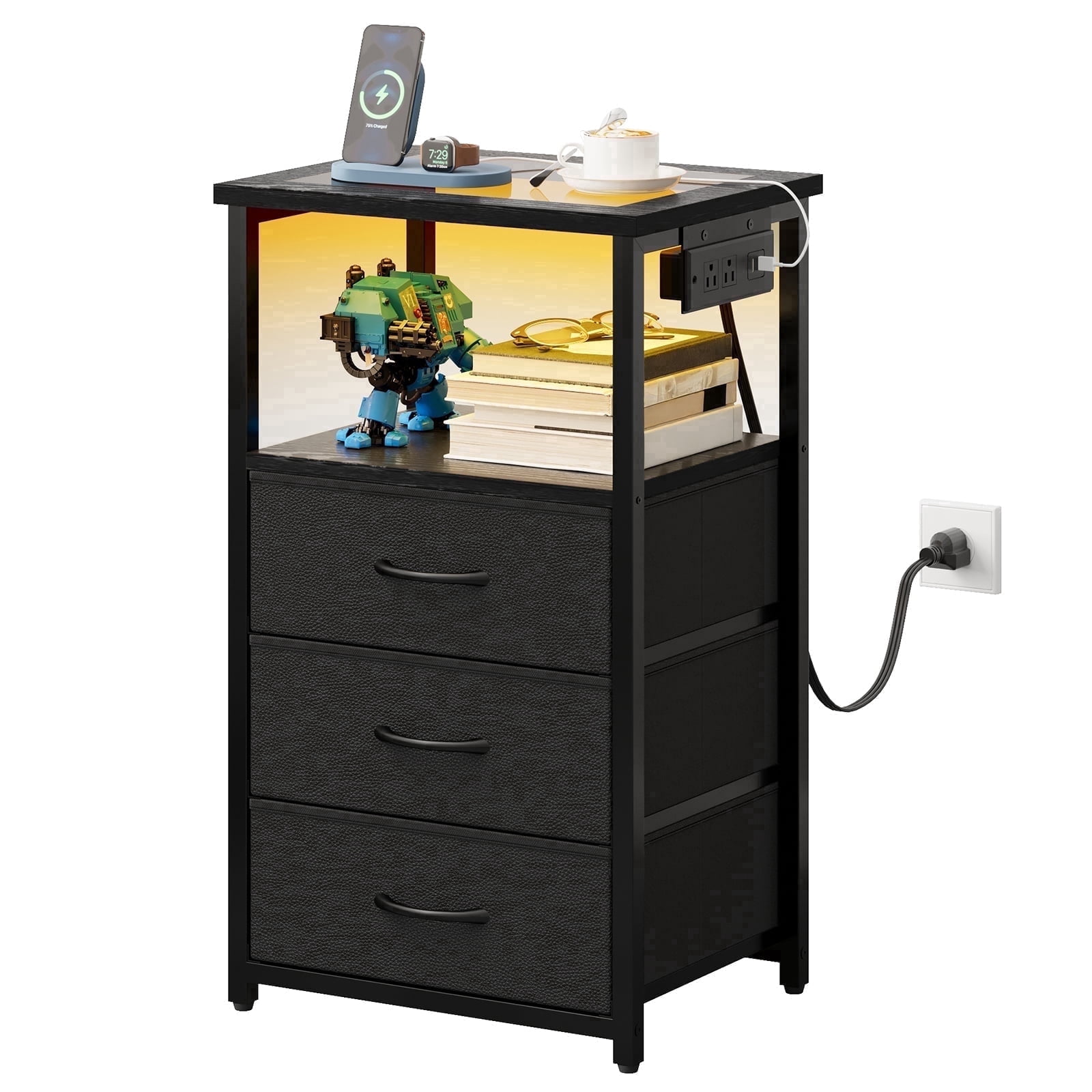 Tomnk Modern Nightstand with LED Lights & Charging Station, Side Table with Tempered Glass Top, USB Ports & Power Outlets, 3 Fabric Drawers for Bedroom, Living Room, Black