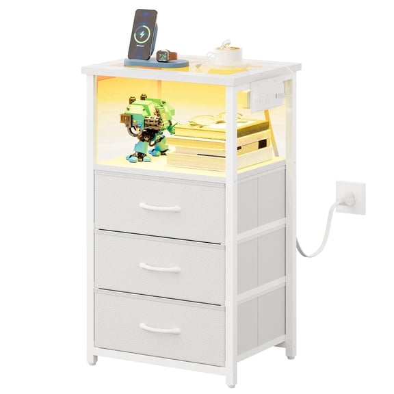 Tomnk Modern Nightstand with LED Lights & Charging Station, Side Table with Tempered Glass Top, USB Ports & Power Outlets, 3 Fabric Drawers for Bedroom, Living Room, White