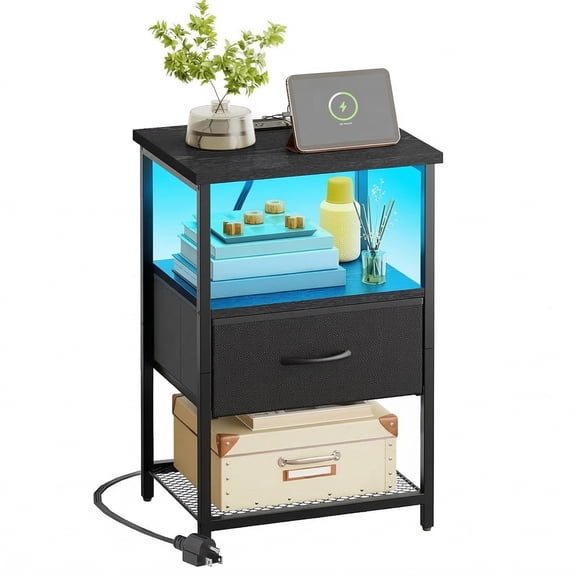 Tomnk Night Stand with Charging Station, LED Nightstand with Fabric Drawers, End Table with PU Finish, Bedside Table, Black