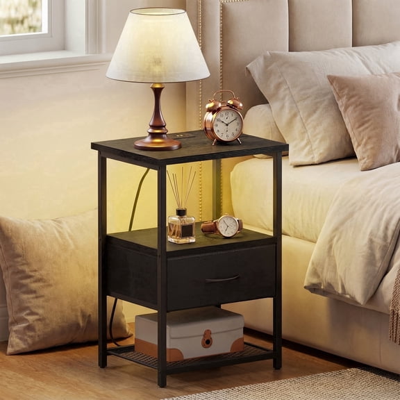 Tomnk Night Stand with Charging Station, LED Nightstand with Fabric Drawers, End Table with PU Finish, Bedside Table, Black