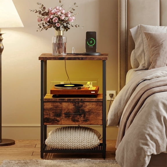 Tomnk Night Stand with Charging Station, LED Nightstand with Fabric Drawers, End Table with PU Finish, Bedside Table, Rustic Brown