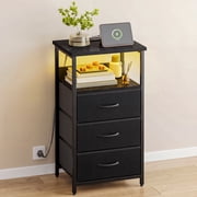 Tomnk LED Dresser with Charging Station, Bedside Table Night Stand with 3 Fabric Storage Drawers, Black