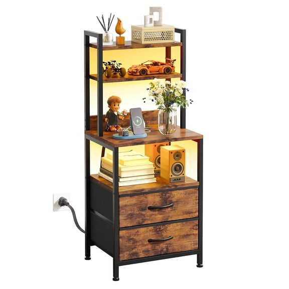 Tomnk Nightstand with 15.7-Inch Shelves, Fabric Side Table with 2 Drawers, Charging Station & LED Lights for Bedroom Living Room, Rustic Brown