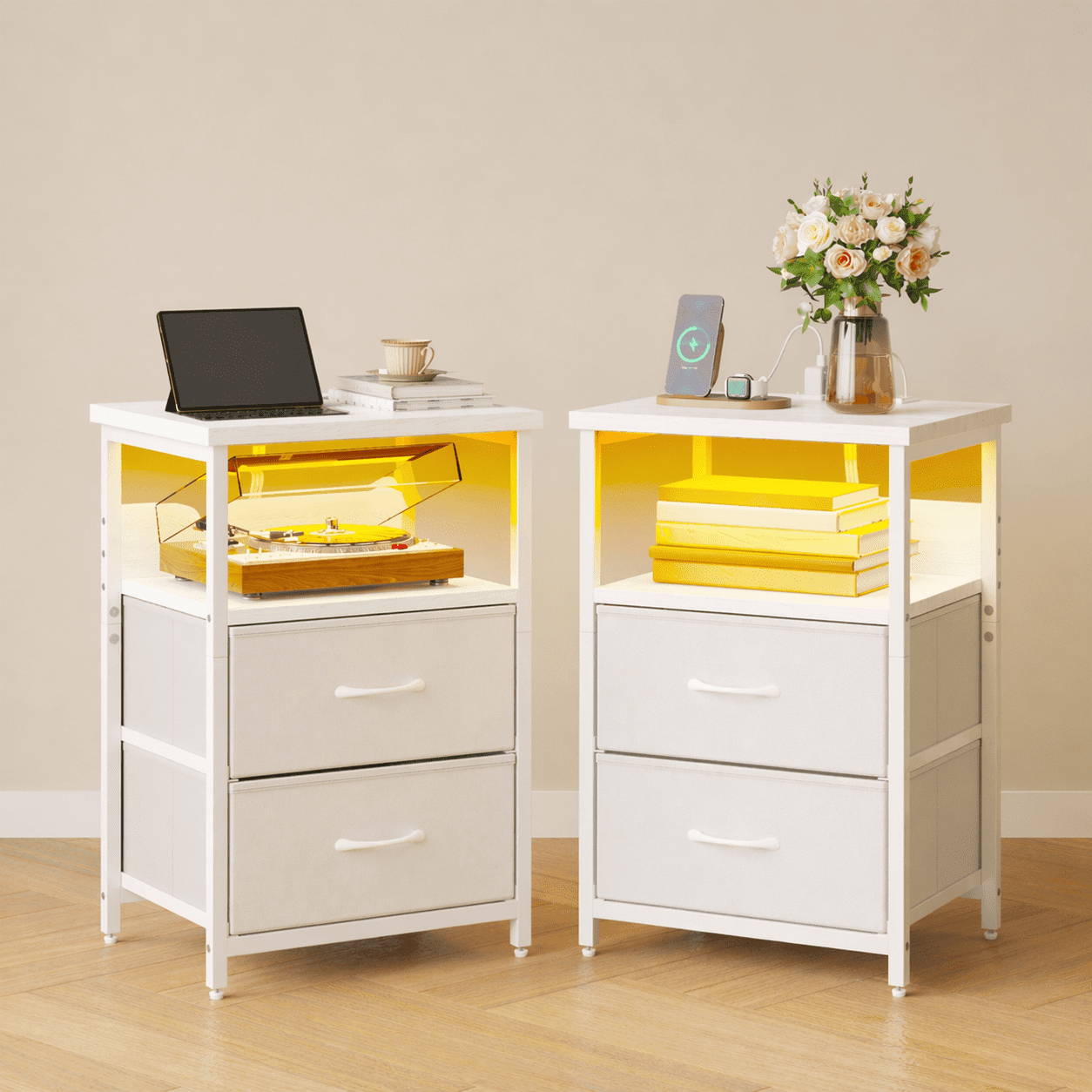 Tomnk Nightstands Set of 2, Bed Side Table with Charging Station, LED Night Stand with 2 Fabric Drawers, White