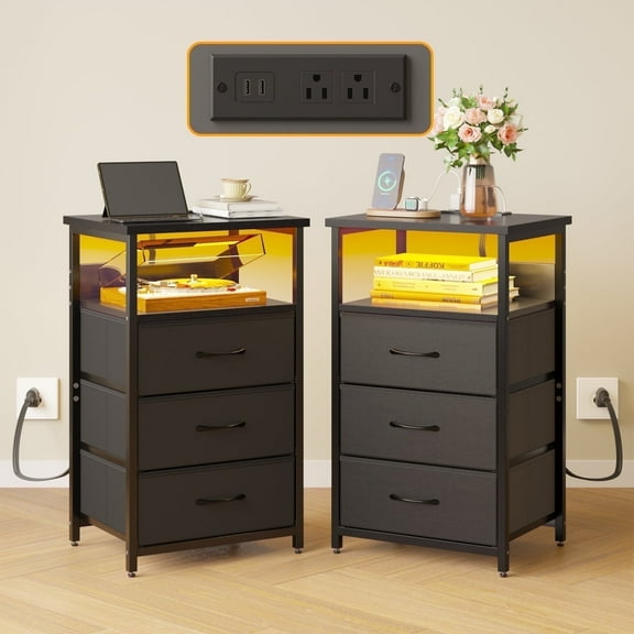 Tomnk Nightstands Set of 2, Bed Side Table with Charging Station, LED Night Stand with 3 Fabric Drawers, Black