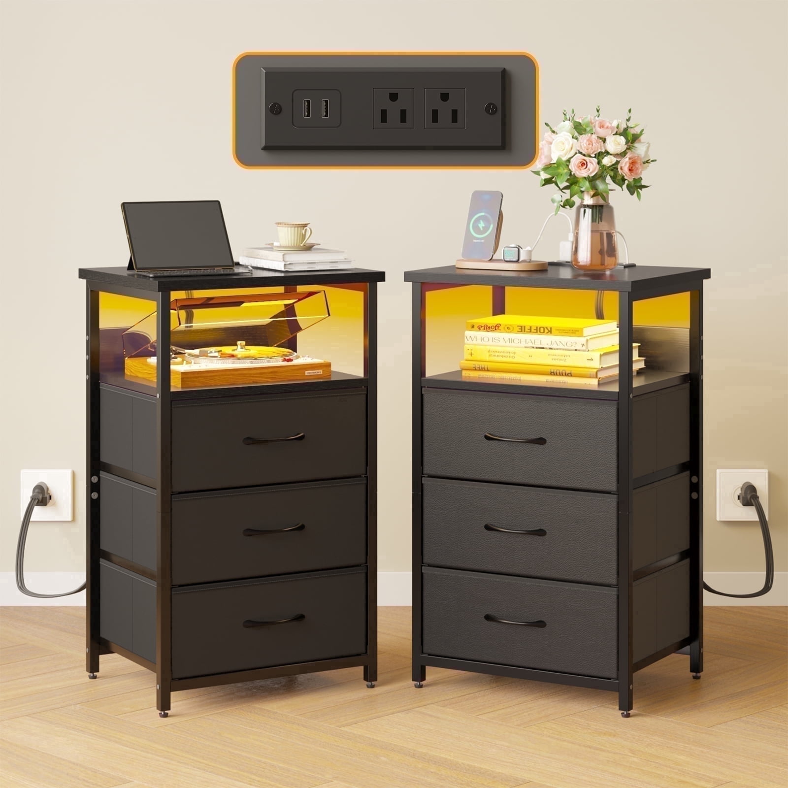 Tomnk Nightstands Set of 2, Bed Side Table with Charging Station, LED Night Stand with 3 Fabric Drawers, Black