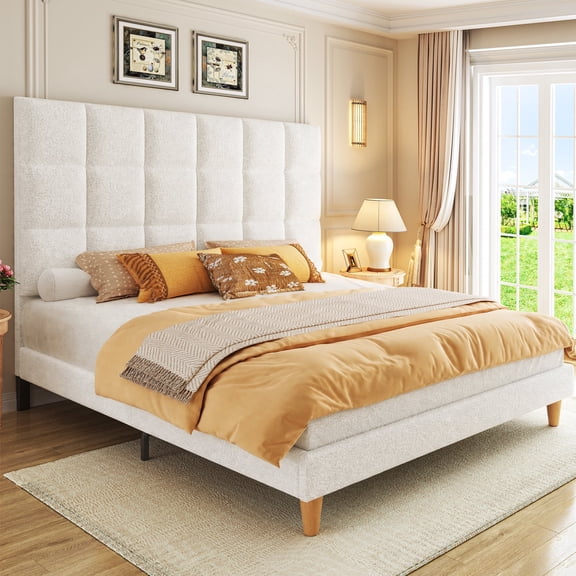 Tomnk Queen Bed Frame with 55.2" Tall Upholstered Headboard, Queen Size Bed with Metal Slats, No Box Spring Needed, Easy Assembly, White