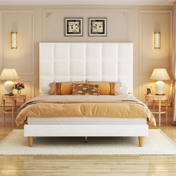 Tomnk Queen Bed Frame with 55.2" Tall Faux Shearling Upholstered Headboard, Queen Size Platform Bed with Heavy Duty Metal Slats, No Box Spring Needed, Sturdy Steel Frame, Easy Assembly, White