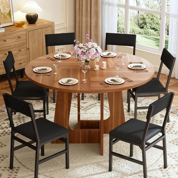 Tomnk Round Dining Table Set for 6, 7-Piece Kitchen Table and Chairs for 6, 47'' Round Dining Room Table Set with 6 Chairs, Space Saving Dining Table with Wood Base for Kitchen, Living Room, Brown