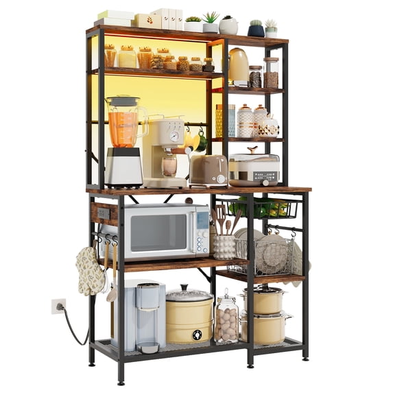 Tomnk Rustic Brown Bakers Rack with Power Outlet, 5-Tier Microwave Stand, Farmhouse Coffee Bar Cabinet with Adjustable Shelves, Hooks & Storage Baskets for Kitchen and Dining Room