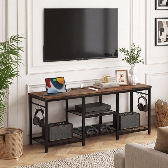 Tomnk TV Stand for TVs up to 55 Inch, Entertainment Center with Open Storage Shelves, Media Console Table with Soundbar Shelf for Living Room, Bedroom, Rustic Brown