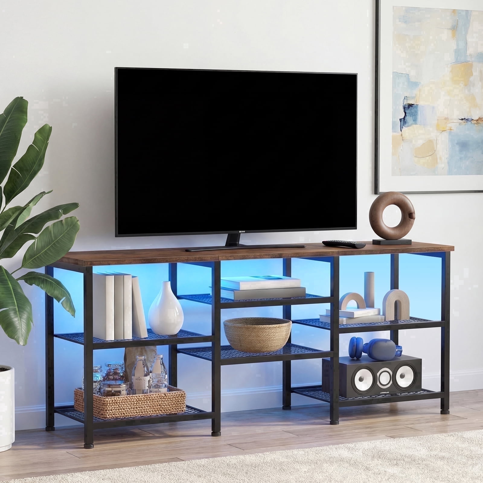 Tomnk 55 Inch TV Stand, Entertainment Center with Power Outlet & LED Lights, Open Storage Shelf Media Console Table for Living Room, Rustic Brown