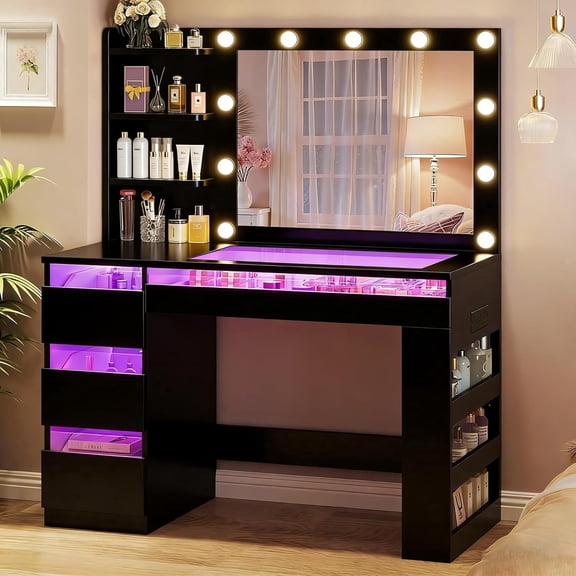 Tomnk Vanity Desk with Lighted Mirror & Transparent Top, Makeup Vanity Desk with 4 Transparent Drawers & RGB Lighting, Built-in Power Outlet, 3-Tier Side Shelves & Storage Organizer for Bedroom,Black