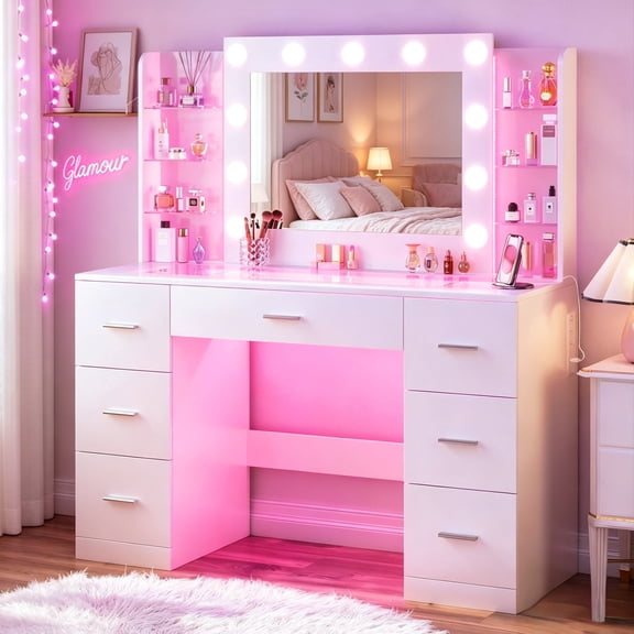 Tomnk Vanity Desk with Mirror and Lights, 42.5" Makeup Vanity with Glass Top & Hollywood Light Bulb & RGB Lights, Vanity Table Set with 7 Drawers & 6 Transparent Shelves & Power Outlet for Bedroom