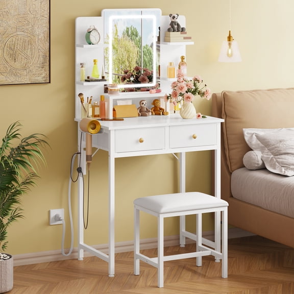 Tomnk White Vanity Desk with LED Mirror, Charging Station, Stool & Storage Drawers