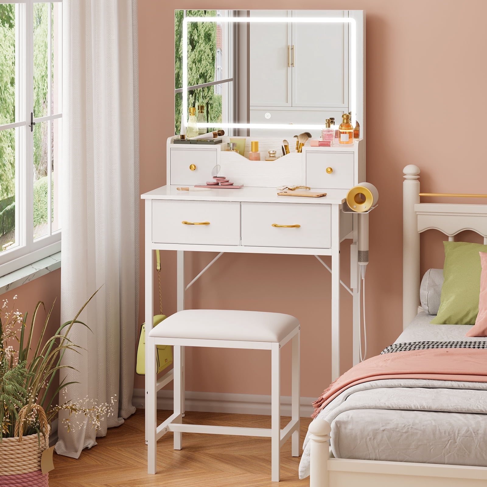 Tomnk White Vanity Desk with Mirror, LED Lights, Storage Shelves, Drawers & Chair