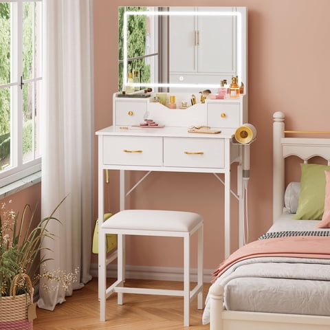 Tomnk White Vanity Desk with Mirror, LED Lights, Storage Shelves, Drawers & Chair