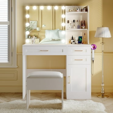Tomnk White Vanity with Lights Mirrors, Makeup Vanity Desk with Drawers and Chair, Power Outlet