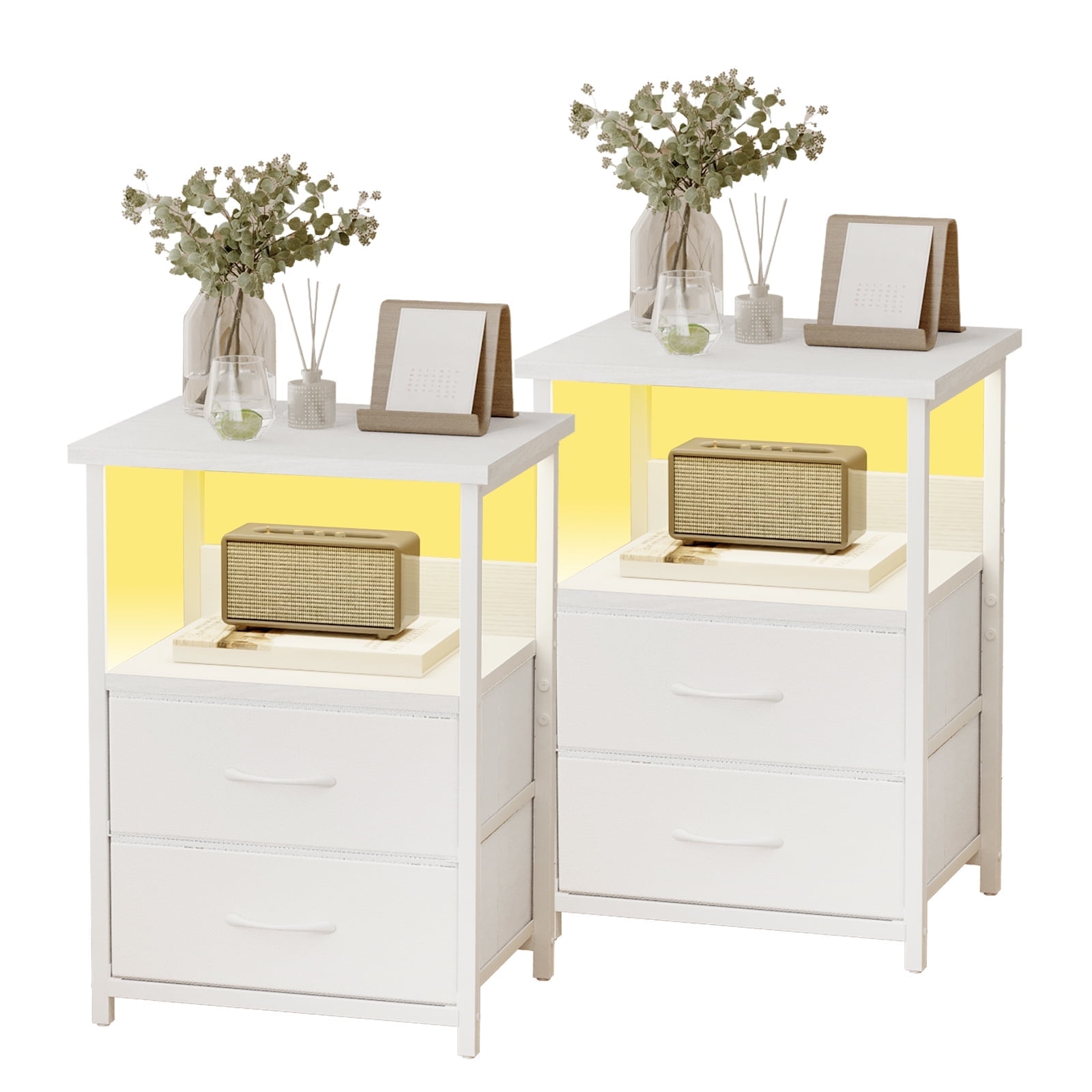 Tomnk Woo Nightstand Set of 2 Night Stand with Charging Station, LED Nightstand with Fabric Drawers, End Table with PU Finish, Bed Side Table, White