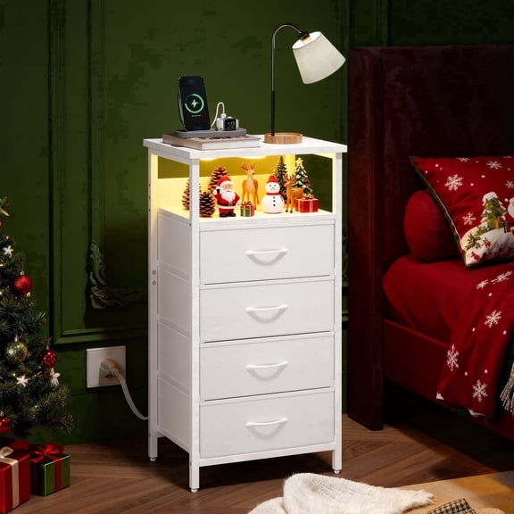 Tomnk LED Nightstand with Charging Station, Bedside Table Night Stand with 4 Fabric Storage Drawers,White,Ac Outlets&USB Ports