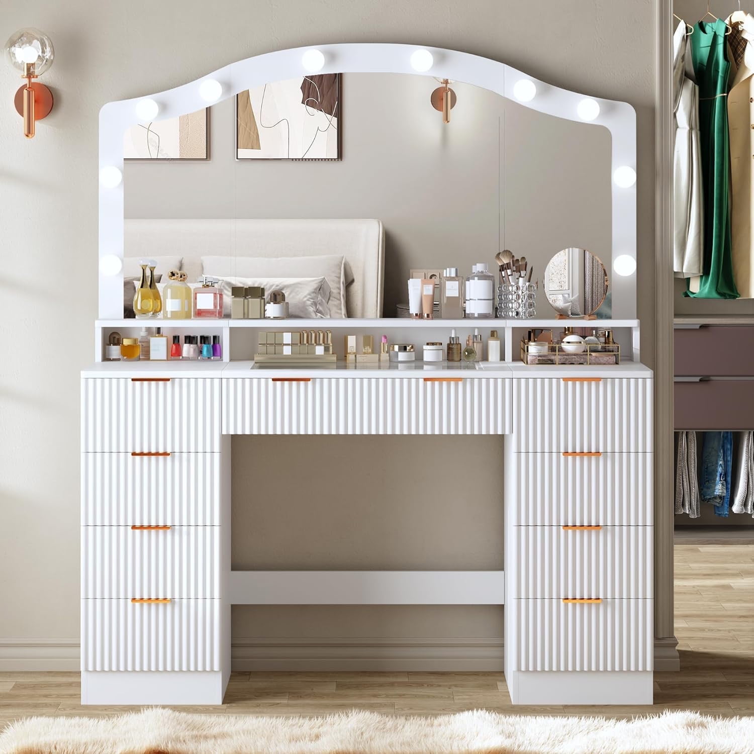 Tomnk woo 46" Fluted Vanity Desk with Mirror, Lights, Glass Top, 9