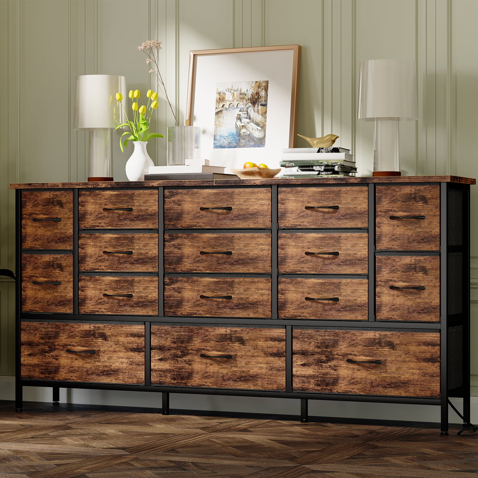 Tomnk woo 63.3" TV Stand with 16 Drawers, Power Outlets, Fabric Dresser for Bedroom, Living Room, Rustic Brown