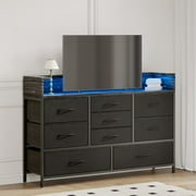 Tomnk woo Black LED Dresser with 9 Drawers, Charging Station, PU Fabric Finish for Living Room, Hallway