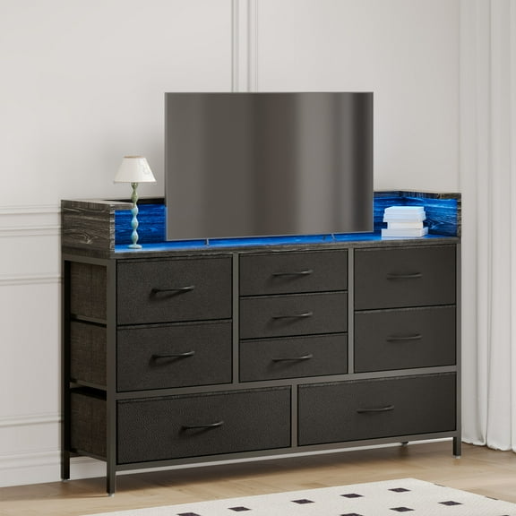 Tomnk woo Black LED Dresser with 9 Drawers, Charging Station, PU Fabric Finish for Living Room, Hallway