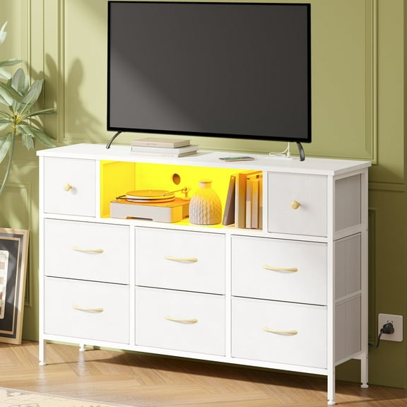 TOMNK White Dresser with LED Lights and Power Outlets, 55" TV Stand with 8 Drawers for Bedroom, Living Room