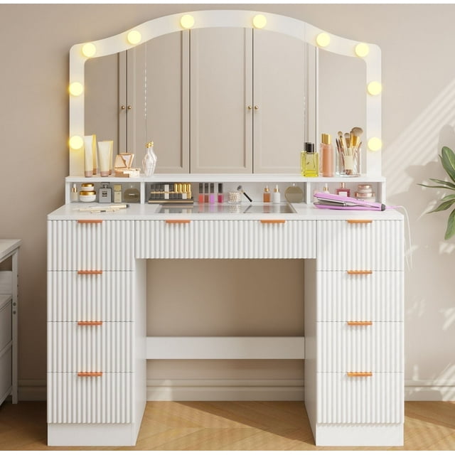 Tomnk woo Fluted Vanity Desk, 46" Glass Top, Large Mirror, 9 Drawers, Lights, Power Outlet, Adjustable Brightness