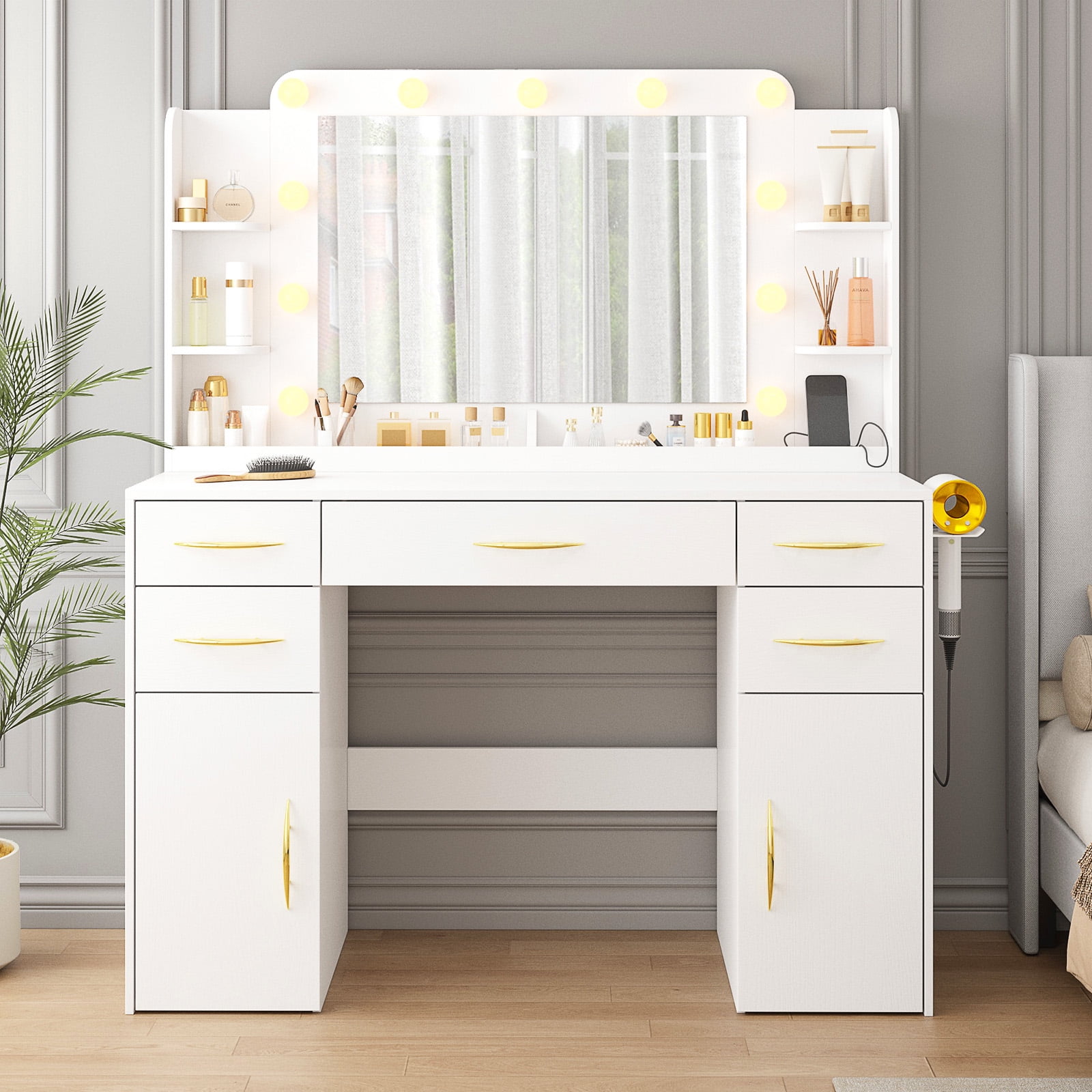 Tomnk woo Makeup Vanity Desk with Mirror, Lights, Power Outlet, 5 Drawers, 2 Cabinets, White