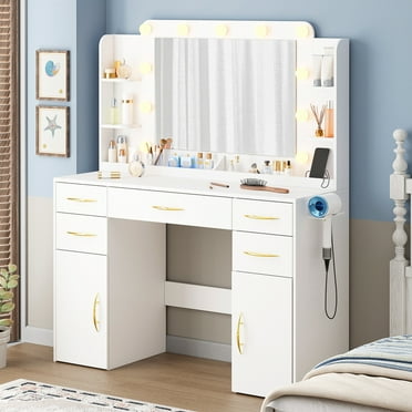 Tomnk woo Makeup Vanity Desk with Mirror, Lights, Power Outlet, 5 Drawers, 2 Cabinets, White