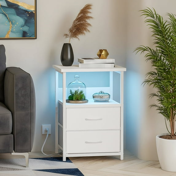 TOMNK End Table with Charging Station, Nightstand with Fabric Drawers, Side Tables with USB Ports & Outlets, Night Stand with Storage Shelf & Hooks, for Living Room/Bedroom, White
