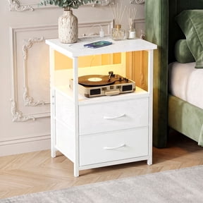 Tomnk End Table with Charging Station, Nightstand with Fabric Drawers, Side Tables with USB Ports & Outlets, Night Stand with Storage Shelf & Hooks, for Living Room/Bedroom, White