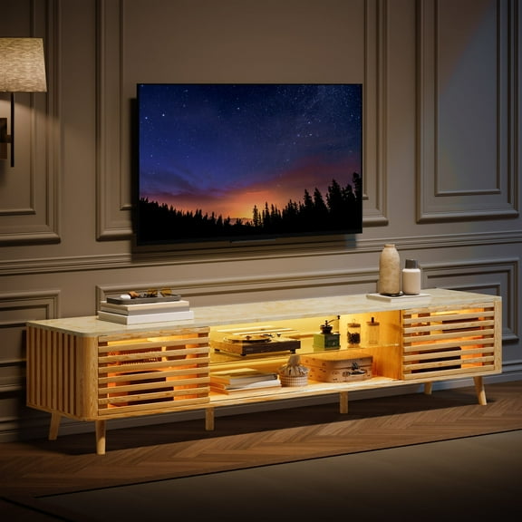 Tomnk 70in LED TV Stand for TVs up to 75", Mid-Century Modern Entertainment Center with Sliding Door, Media TV Console Table, White Oak