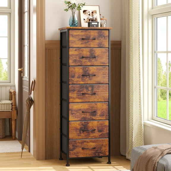 TOMNK Bedroom Dresser with 7 Drawers,Tall Industrial Fabric Chest of Drawers, Vertical Storage Tower Bedside Furniture in Living Room,Closet,Entryway-Sturdy Steel Frame(Rustic Brown)