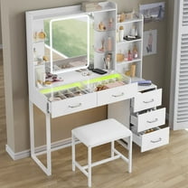Tomnk woo Vanity Desk with Mirror, LED Light, RGB Drawers, Glass Top, Wireless Charging & Power Outlet, White