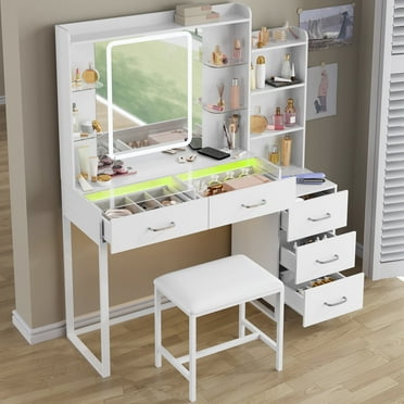 Tomnk woo Vanity Desk with Mirror, LED Light, RGB Drawers, Glass Top, Wireless Charging & Power Outlet, White