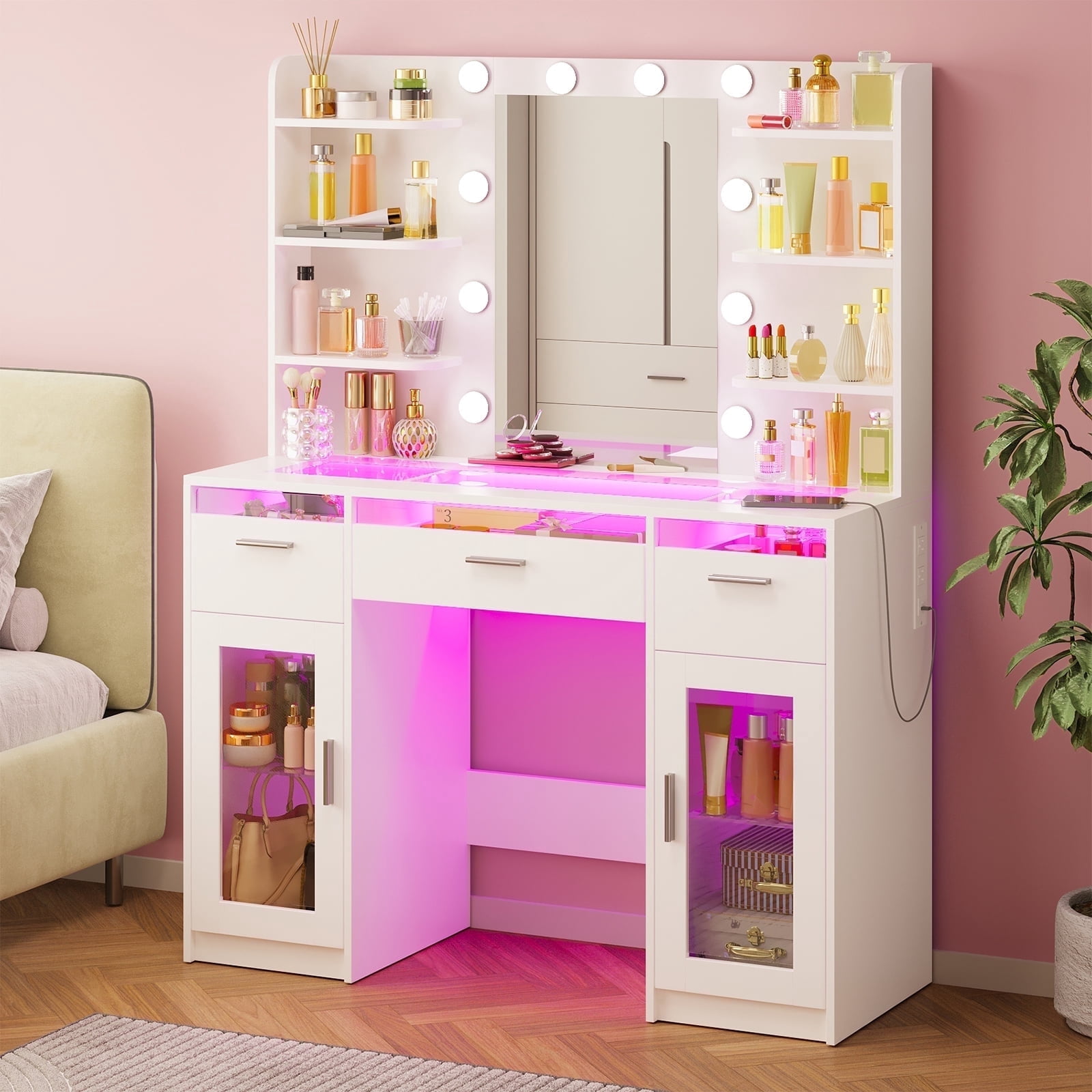 TOMNK Vanity Desk with Mirror and Lights, Transparent Top, 3 RGB
