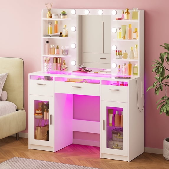TOMNK Vanity Desk with Mirror and Lights, Transparent Top, 3 RGB Drawers, Shelves & Cabinets, White