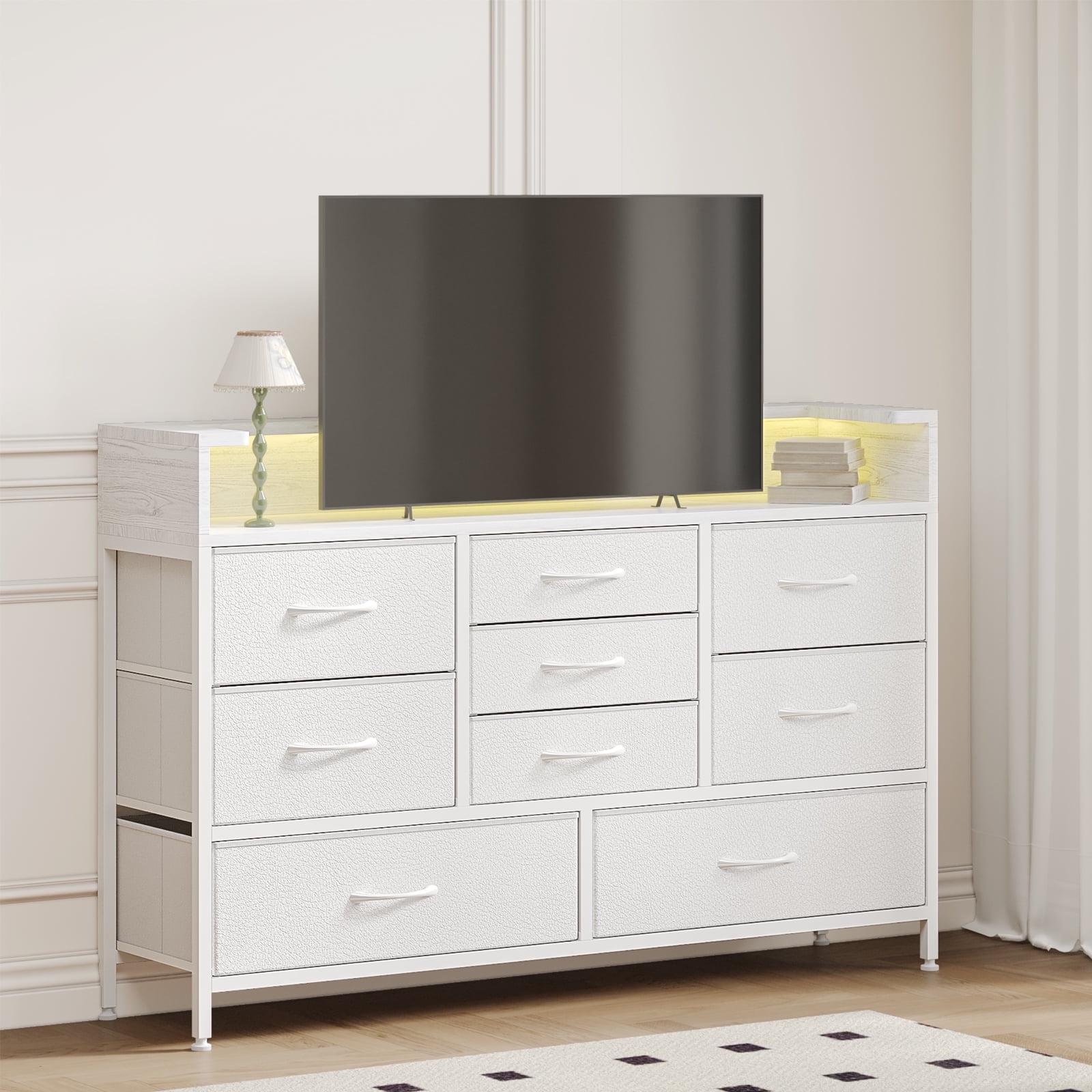 Tomnk woo White LED Dresser with 9 Drawers, Charging Station, PU Fabric Finish for Living Room, Hallway