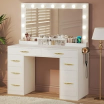 Tomnk woo White Makeup Vanity Desk with Large Mirror, Adjustable Lights, Storage Drawers & Power Outlets