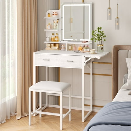 Tomnk White Vanity Desk with Mirror, LED Lights, Storage Shelves, Drawers & Chair
