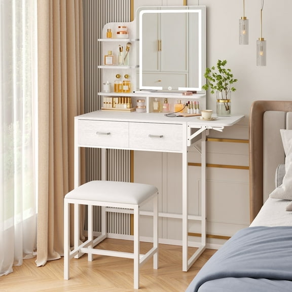 Tomnk White Vanity Desk with Mirror, LED Lights, Storage Shelves, Drawers & Chair