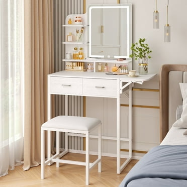 Tomnk woo White Vanity Desk with Mirror, LED Lights, Storage Shelves, Drawers & Chair