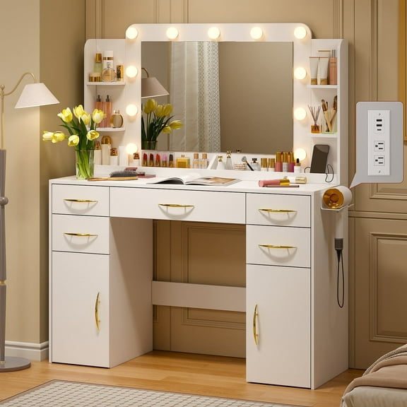 TOMNK White Vanity Desk with Mirror, Lights, Drawers, Cabinets, Shelves & Power Outlet,45.5"