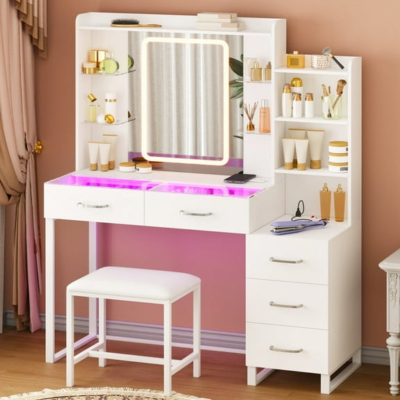 TOMNK White Vanity Desk with Stool, Mirror, LED Lights, Glass Top, RGB Drawers, Wireless Charging, 43" Wide