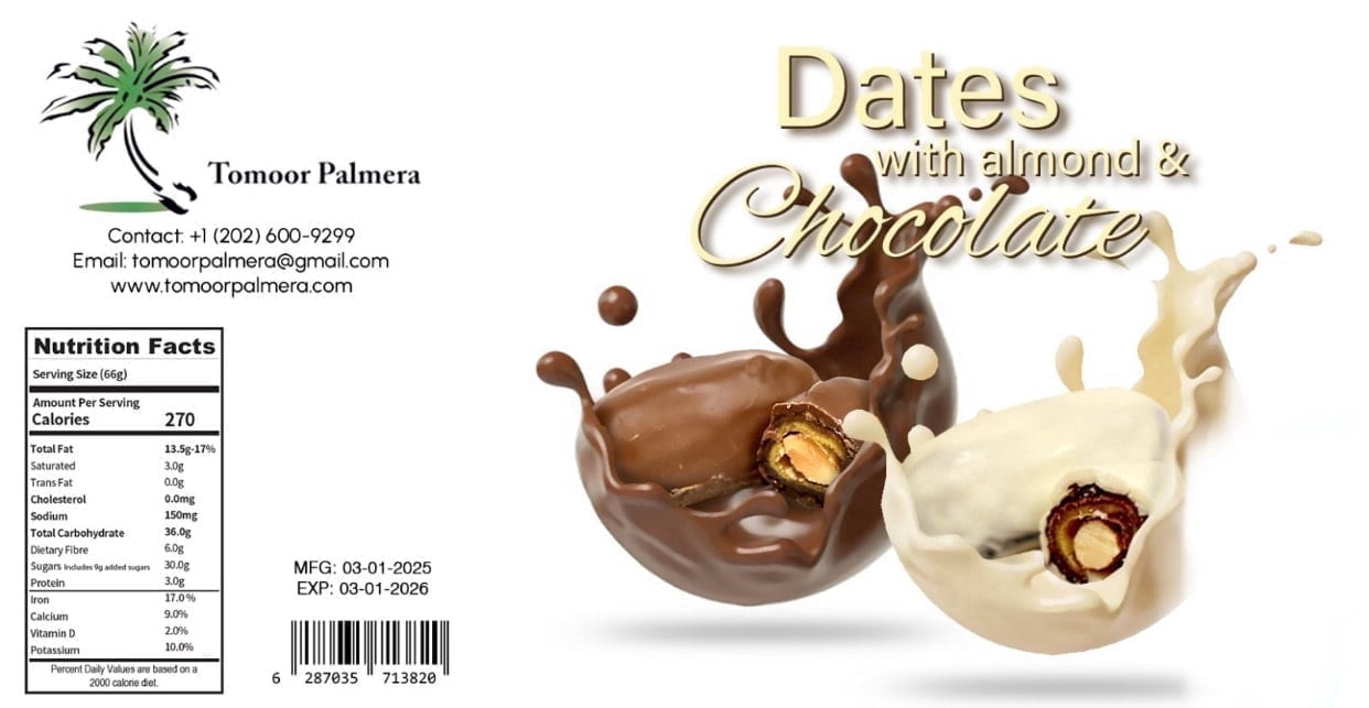 Tomoor Palmera White & Milk Chocolate Coated Dates – Natural & Delicious Delight, Naturally Sweet, 1 Pack, 3.5 oz